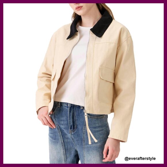 Cropped Barn Jacket Utility Workwear Chic Zipper Front Pockets Fall Trendy